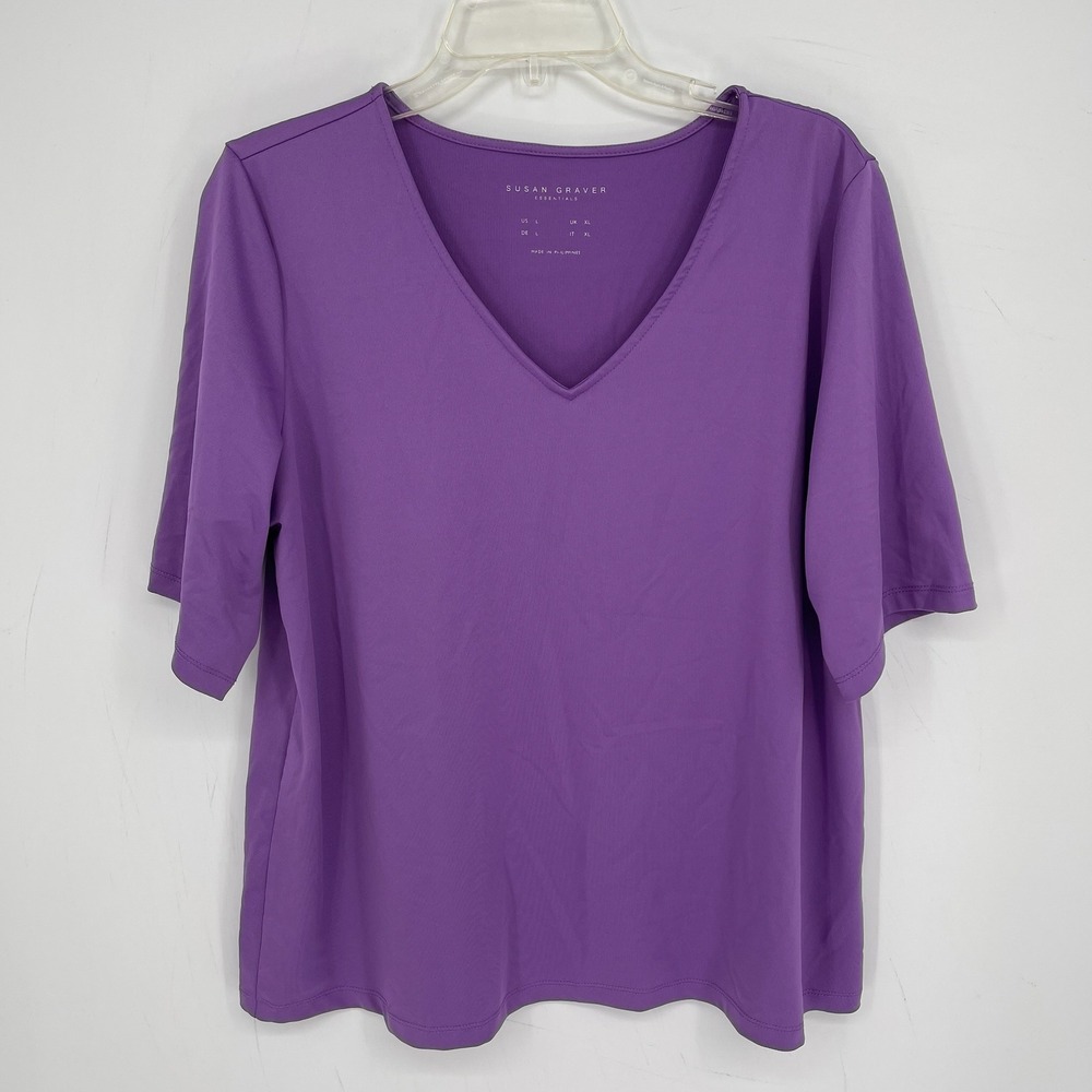 Susan Graver Womens Purple V-Neck Stretch Short Sleeve Essentials T-Shirt Size L